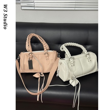 W3韩国小众tht麻花编织单肩包大容量通勤百搭头层牛皮保龄球女包