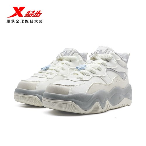 特步吐司鞋大棉加绒女士棉鞋冬季新款革面保暖休闲鞋运动女鞋厚底