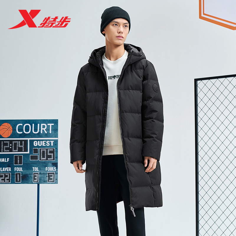 特步中长款鸭绒羽绒服男士新款冬季加绒上衣加厚男装保暖运动外套