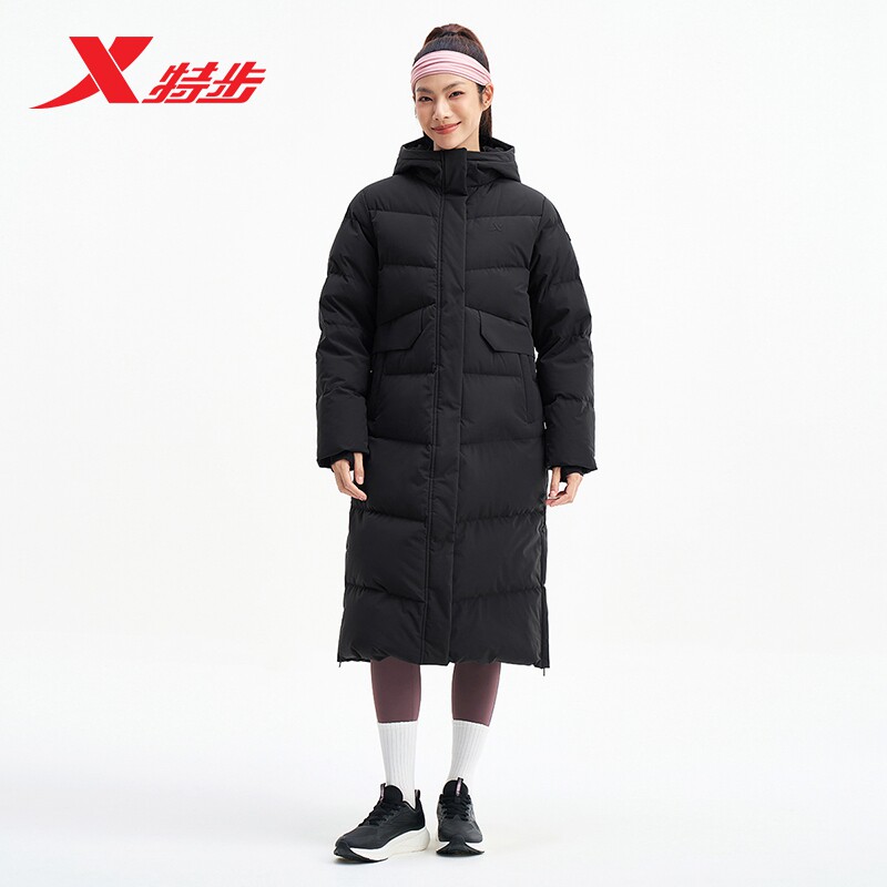 特步中长款鹅绒羽绒服女2025年冬季宽松运动保暖外套975428640042