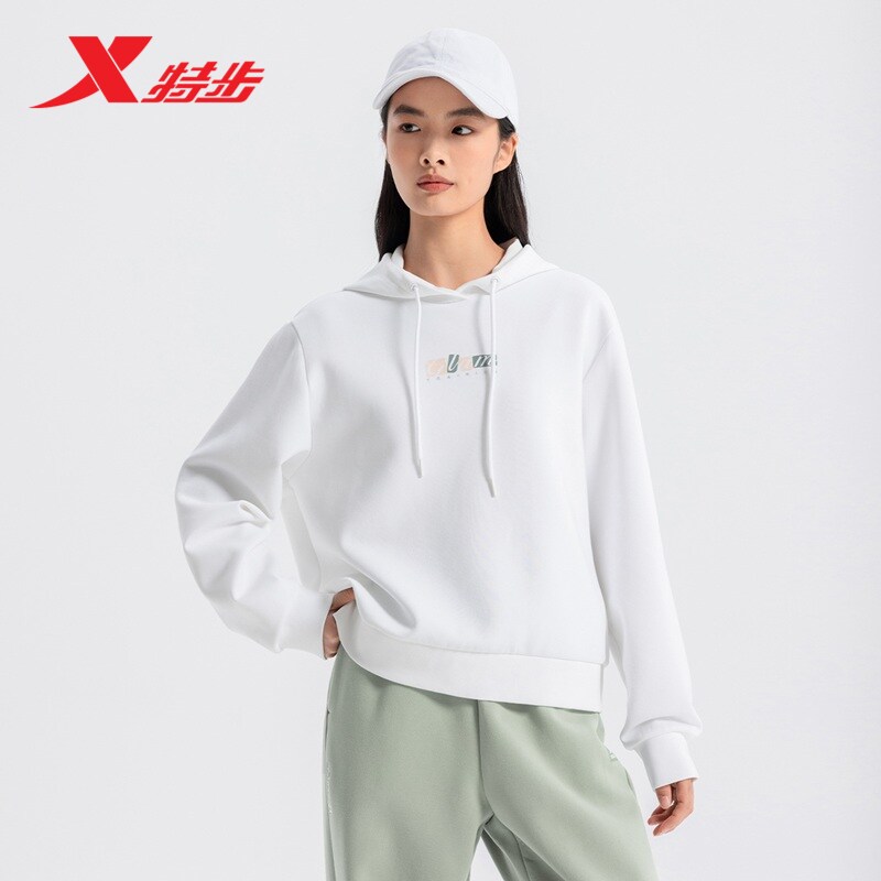 特步连帽卫衣女春秋季新款休闲宽松套头运动上衣女款官方正品