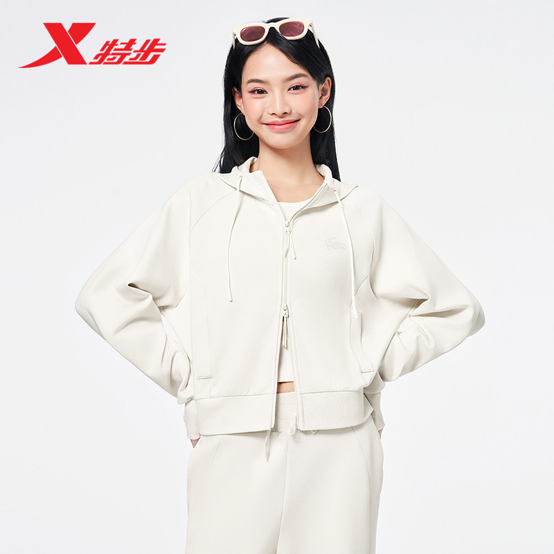特步外套女士春季新款柔软针织连帽运动上衣时尚休闲女装百搭夹克