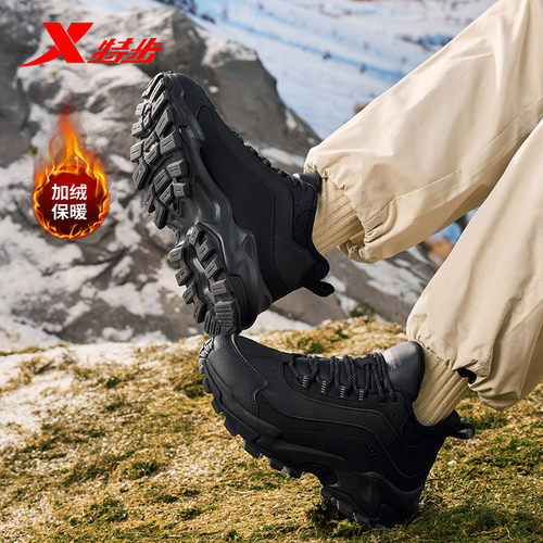 特步棉鞋女2025冬季新款加厚保暖户外鞋高帮黑色运动鞋大棉休闲鞋