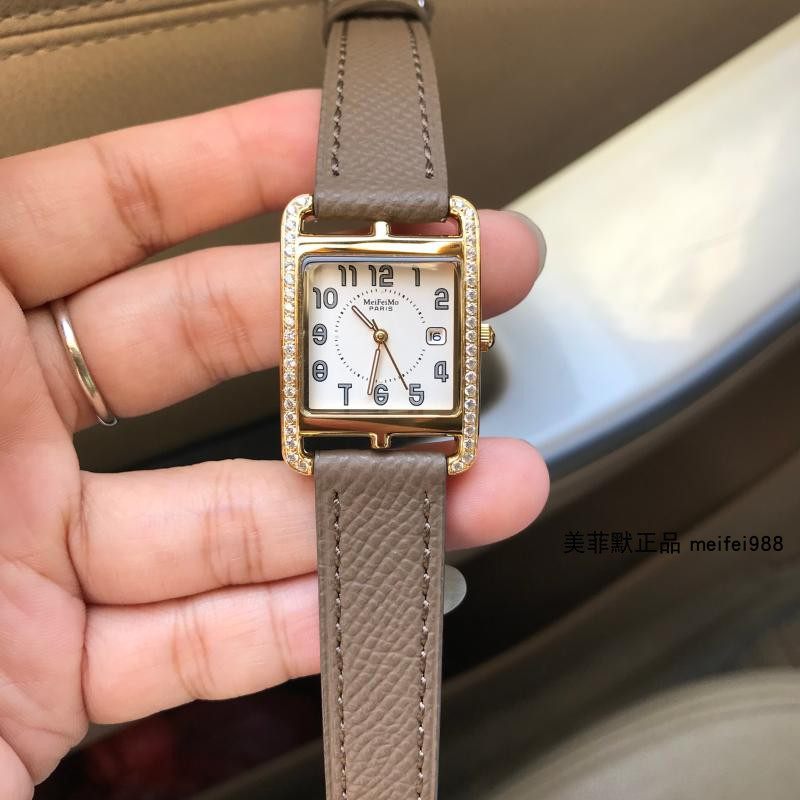 小红书热卖h手表金色镶钻日历女表cape cod时尚手表真皮荔枝纹h表