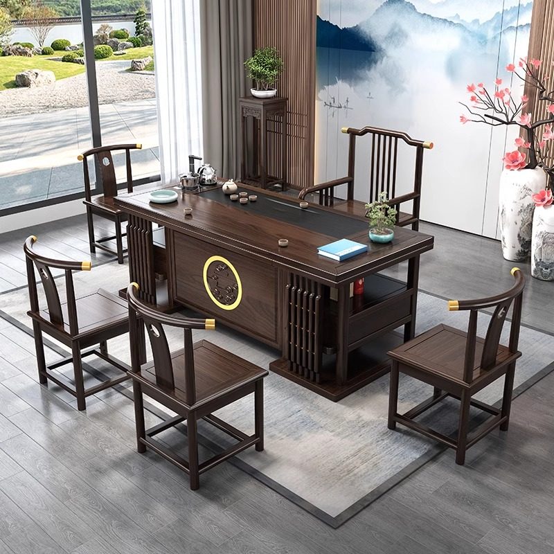 实木茶桌椅组合一桌五椅新中式办公室茶几茶具套组家用功夫泡茶台