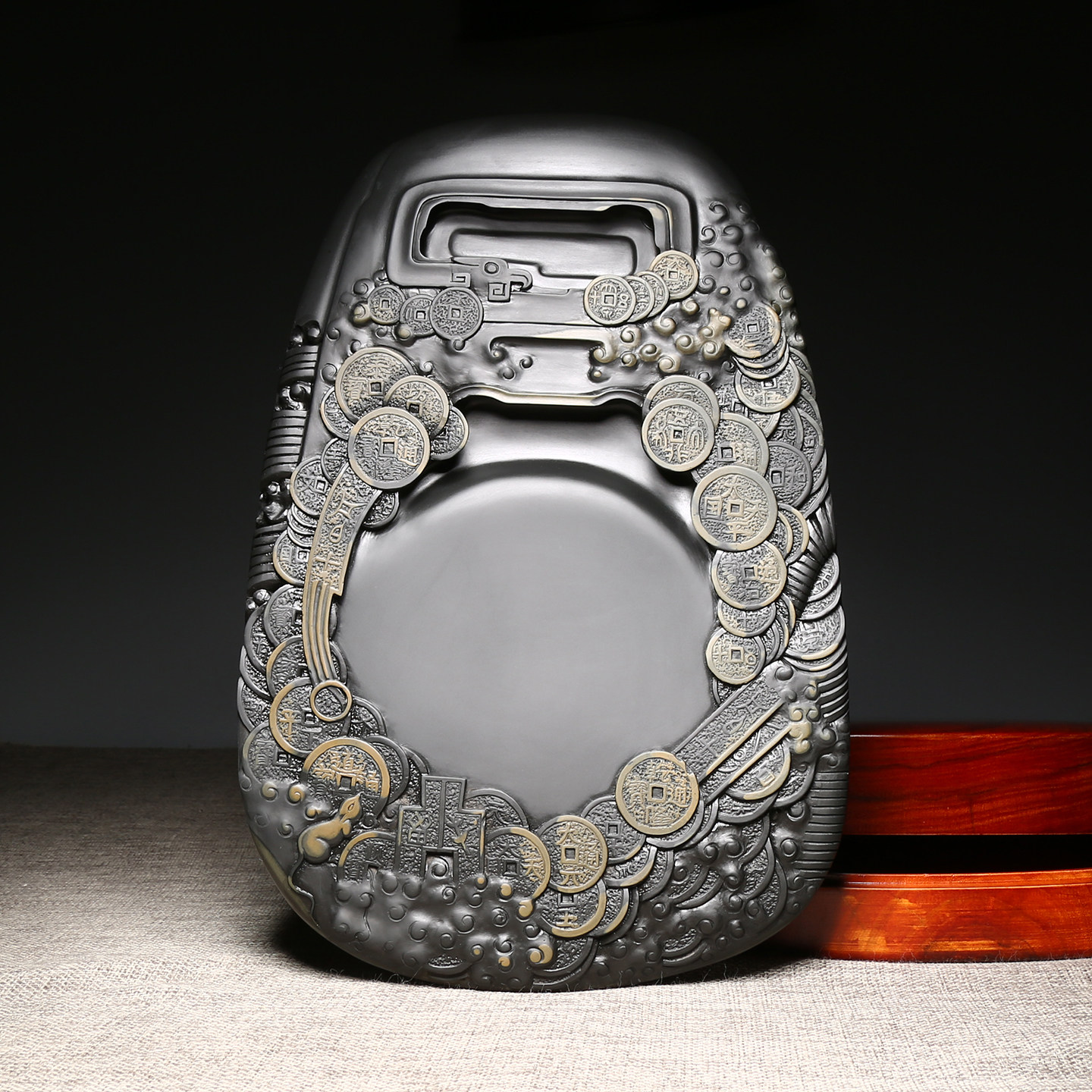 维新 非遗大师许亚祥砚台作品《属你有钱》名师手工金晕歙砚天然原石老坑安徽高档摆件精品礼物文房四宝送礼