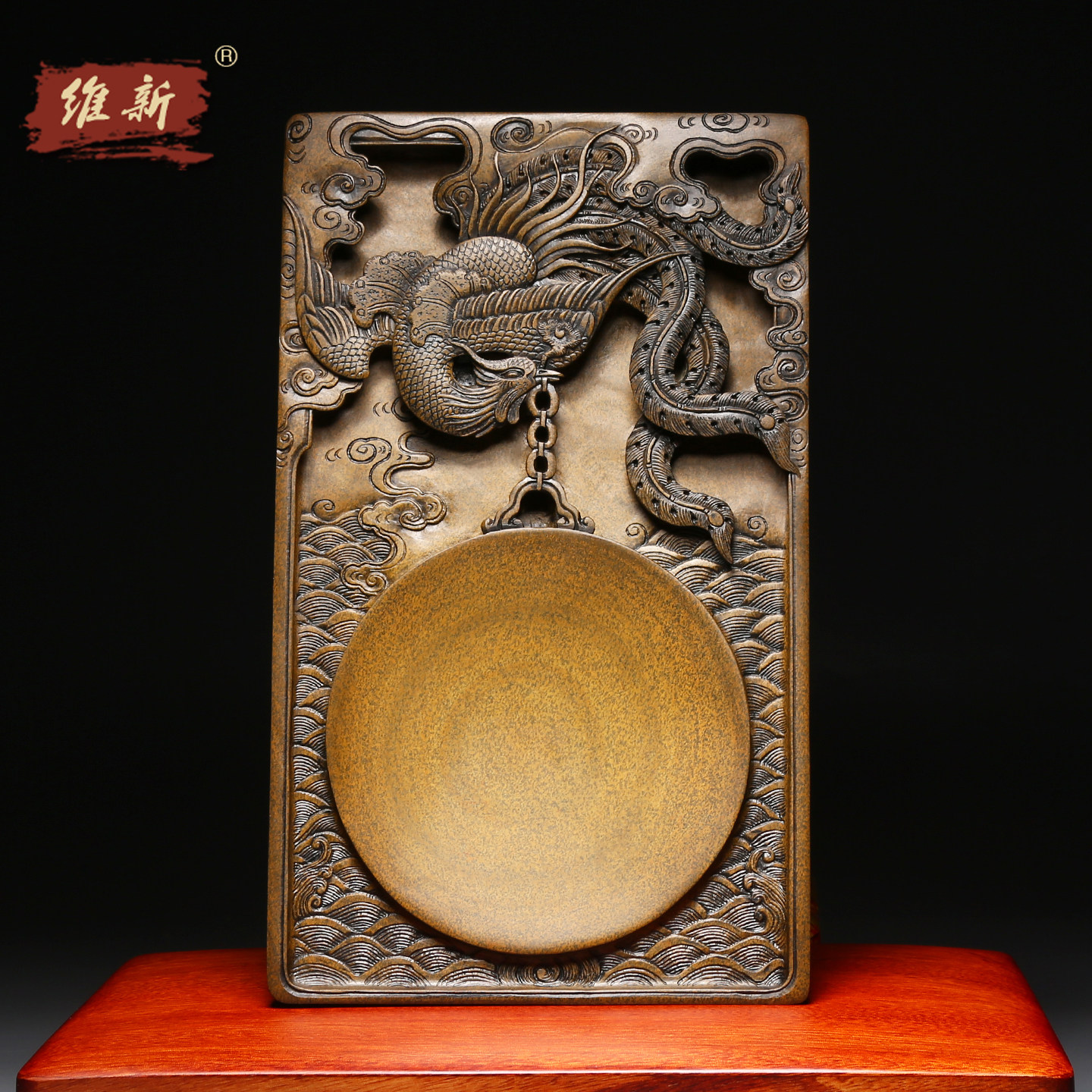 维新匠心非遗名师砚台作品《凤凰来仪》安徽歙砚天然鱼籽原石文房四宝高档次摆件孤品大师手工老坑砚台优端砚