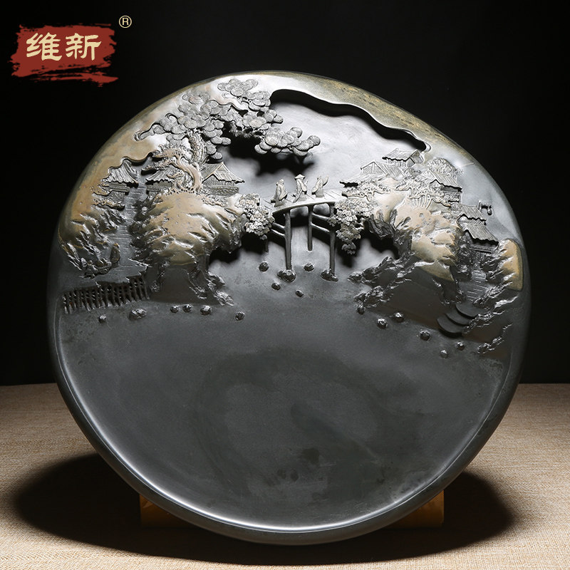 维新非遗传承歙砚名师作品《溪山胜境》天然原石砚台老坑金晕砚石手工雕刻收藏老坑砚台高档安徽名砚配礼盒