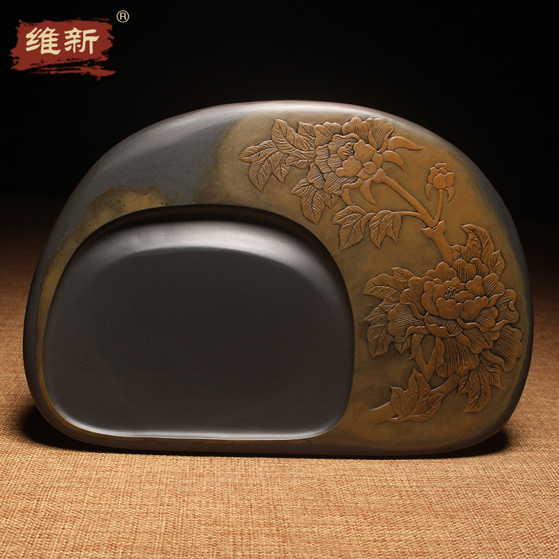 维新 高级工艺美术师许亚祥作品《花开富贵》砚台 采用歙砚金皮金晕籽料原石雕刻 收藏文房立体摆件送礼佳品