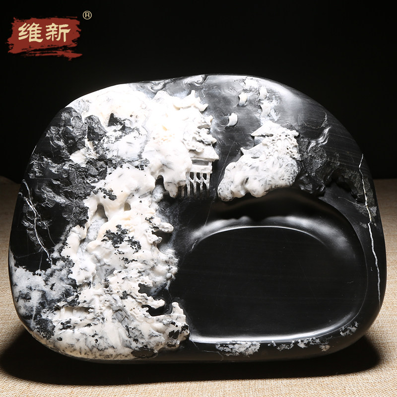 维新非遗歙砚名师作品《天山一色冻云垂》天然原石砚台老坑黑龙尾砚石手工雕刻收藏带盖实用砚台高档安徽名砚