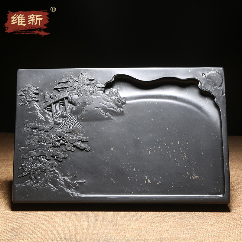 维新匠心非遗安徽歙砚 精品老坑金星天然原石名师孤品《溪山胜景》文房四宝国画书法收藏送礼端砚书房摆件