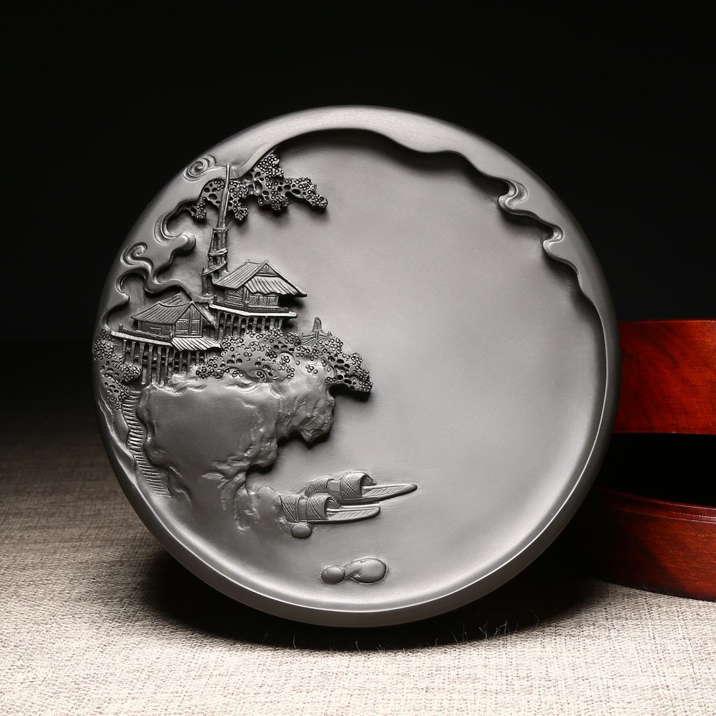 名师手工砚台《江南水乡》安徽歙砚老坑天然原石高档文房四宝收藏名砚大师砚黑龙尾砚石礼盒礼物书法摆件