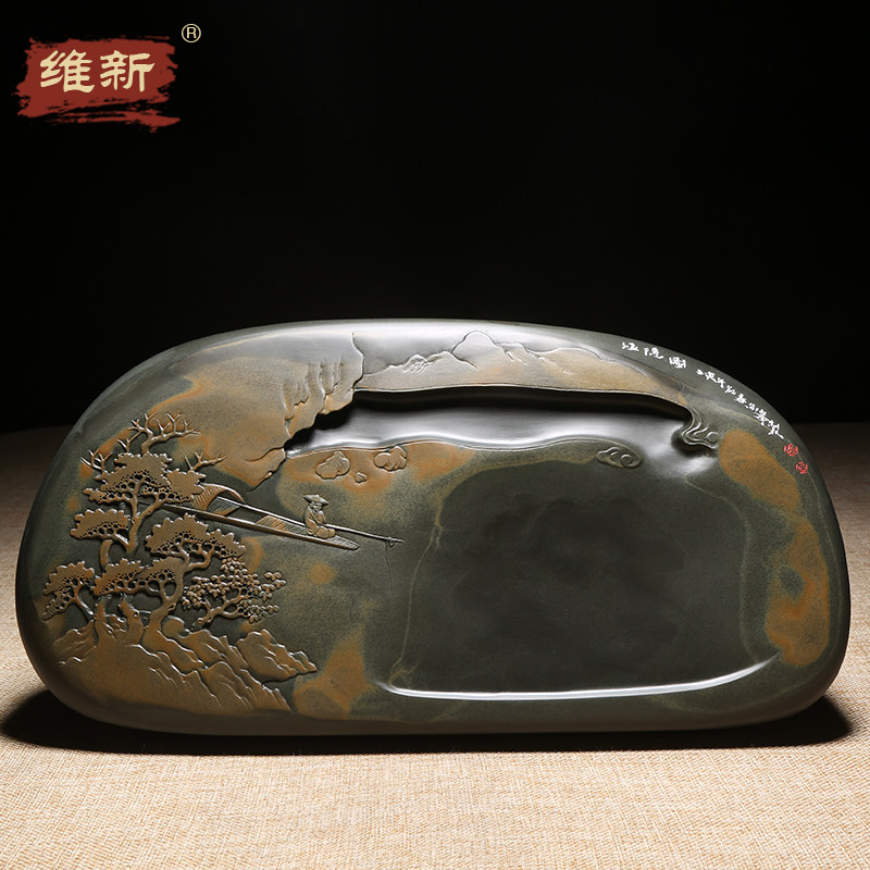徽州歙砚大师作品《渔隐图》精雕细琢老坑金晕原石手工雕刻高档大气办公室摆件收藏书画送礼砚台四大名砚