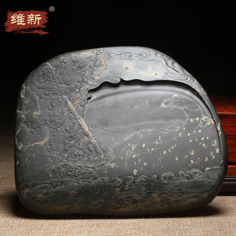 传统非遗歙砚大师作品《喜上梅梢》砚台老坑金星金晕原石龙尾山高档次书房籽料摆件砚台端砚收藏送礼名砚