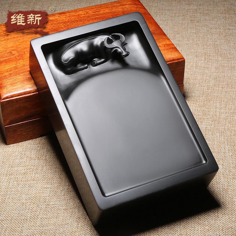 维新名师原创设计雕刻作品《牛转乾坤》天然原石手工老坑黑龙尾籽料砚台安徽书法绘画文房摆件高档收藏送礼