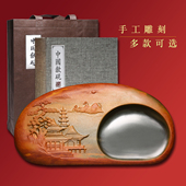 维新非遗传承名师自然山水花鸟人物歙砚金皮籽料原石金晕老坑砚台收藏高档文房立体摆件手工雕刻送礼