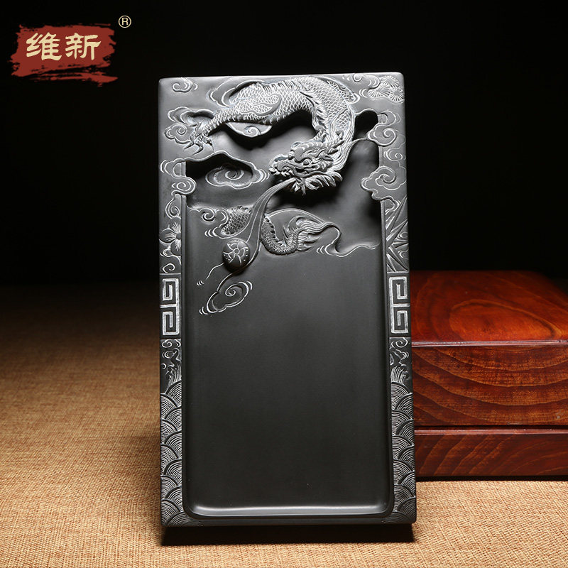 祥龙献瑞/匠心非遗大师柯崇传统歙砚手工雕刻作品龙尾山老坑黑龙尾原石抄手素池砚台文房四宝收藏礼品高档