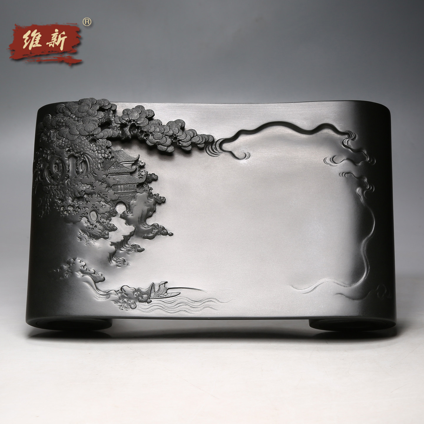 维新非遗大师许亚祥砚台精工作品《山水如画》名师手工黑龙尾歙砚天然原石老坑安徽高档摆件礼物文房四宝送礼