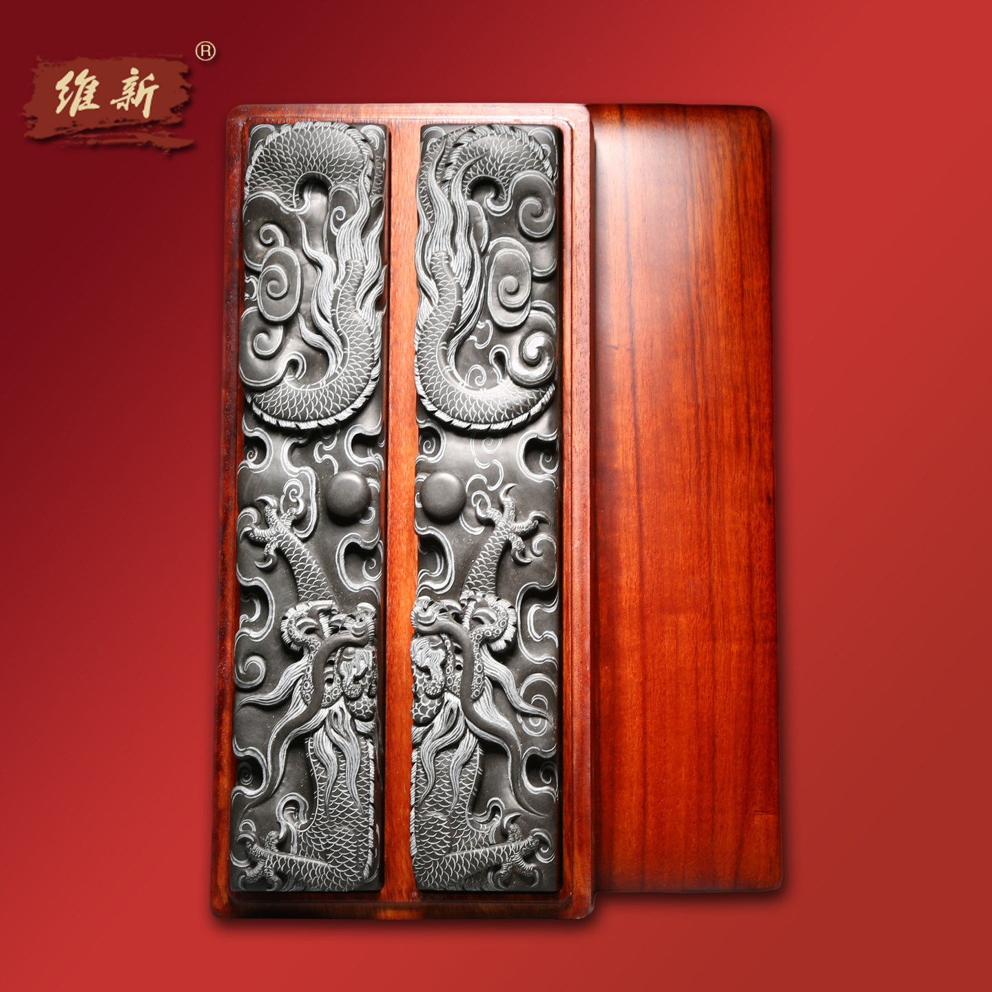 维新匠心非遗大师柯崇作品立体浮雕《双龙戏珠》镇纸镇尺压纸手工原石高档文镇收藏礼品歙砚老坑砚石送礼佳品