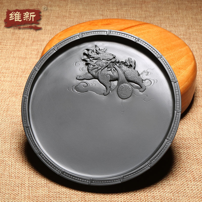 维新名家歙砚《麒麟献瑞》名师柯崇手工制精选老坑黑龙尾原石两面雕刻