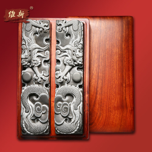 维新匠心非遗大师柯崇作品立体浮雕《双龙戏珠》镇纸镇尺压纸手工原石高档文镇收藏礼品歙砚老坑砚石送礼佳品