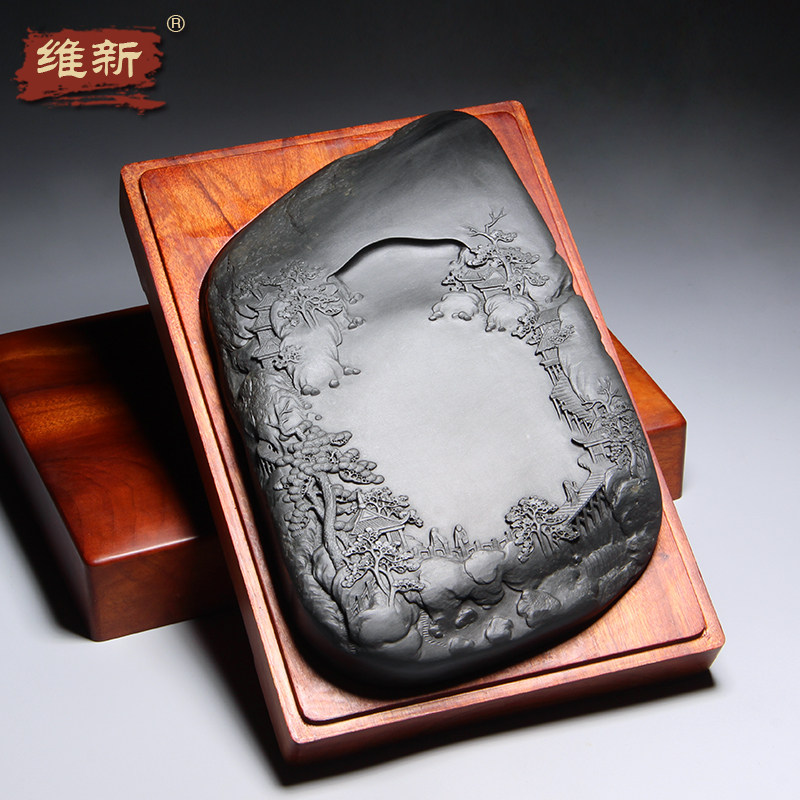 匠心非遗传统歙砚《大好河山》四大名砚之一名师亲制老坑眉纹天然原石眉子坑砚台文房高档收藏礼品籽料砚台