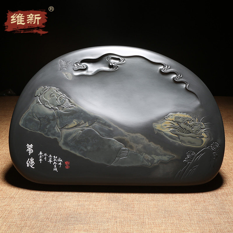 匠心非遗歙砚大师亲制作品天然老坑金晕原石巧雕传承人手工文房高档大气摆件礼品砚台收藏文房四宝梦蝶