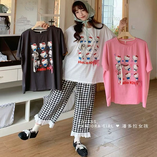 套 爱笑潘多拉女孩家居服新款 春夏短袖 七分裤 卡通睡衣针织全棉大码
