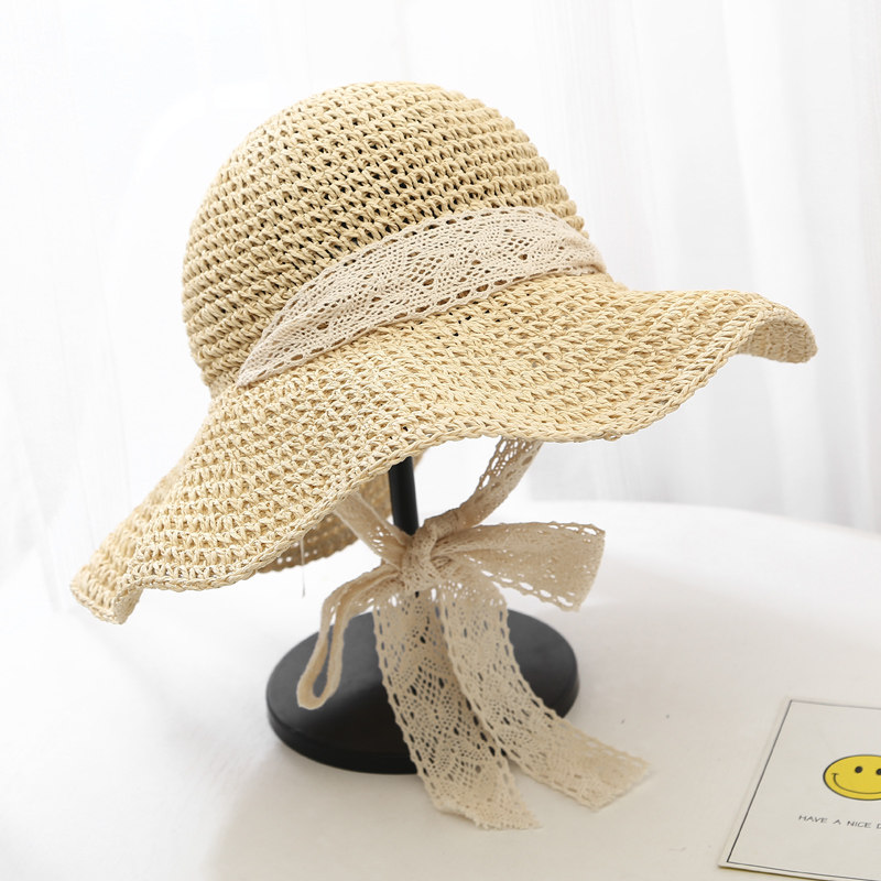 韩版可折叠手工草帽夏蕾丝绑带大帽檐海边遮阳帽防晒度假沙滩帽子
