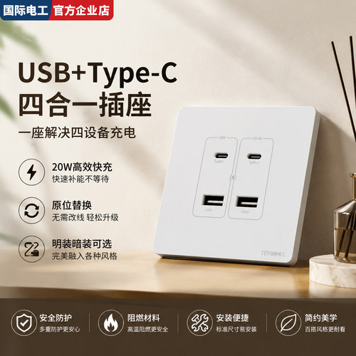 86型明装二四USB快充插座