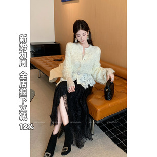 DADADA 宽松开衫 珍珠雪绒 女长袖 上衣 复古白色镂空衬衫 利达NEW