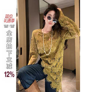 复古做旧绿色镂空针织衫 茶白简约 女套头毛衣上衣 DADADA 利达NEW