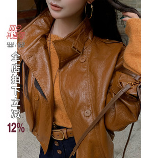 NEW 短款 DADADA 卡其色皮衣休闲修身 PU皮外套女 漫游时光 利达