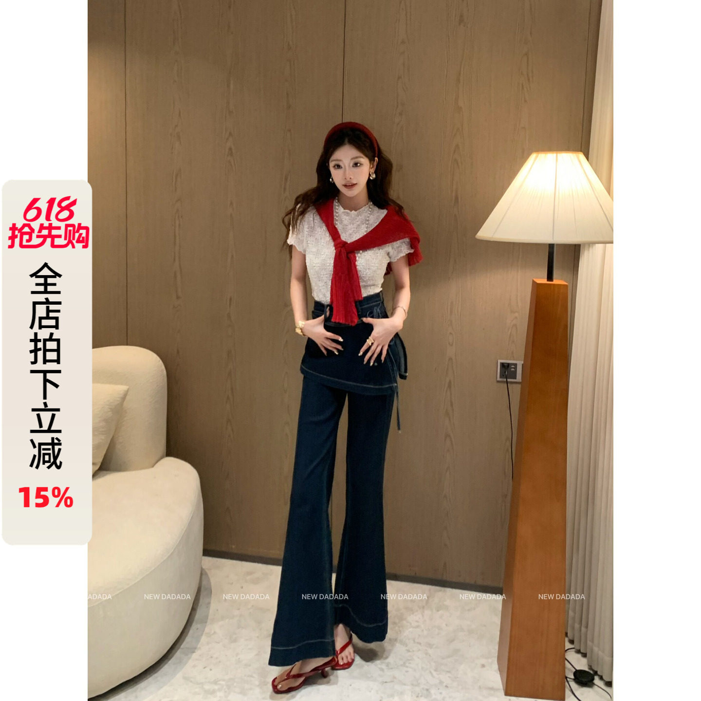 利达 NEW DADADA【牛仔绑带屁连裤】复古做旧牛仔裤女高腰阔腿裤