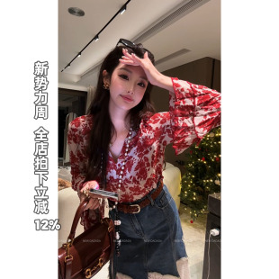 复古红花 DADADA 法式 复古印花长袖 女防晒上衣 利达 V领衬衫 NEW