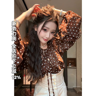 NEW 女长袖 DADADA 复古做旧卡其色波点衬衫 上衣 复古波点 利达