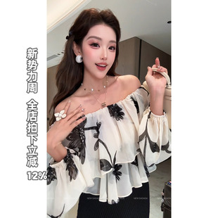 NEW 衬衫 DADADA 荷叶边一字肩灯笼袖 女宽松上衣 墨染小花 利达