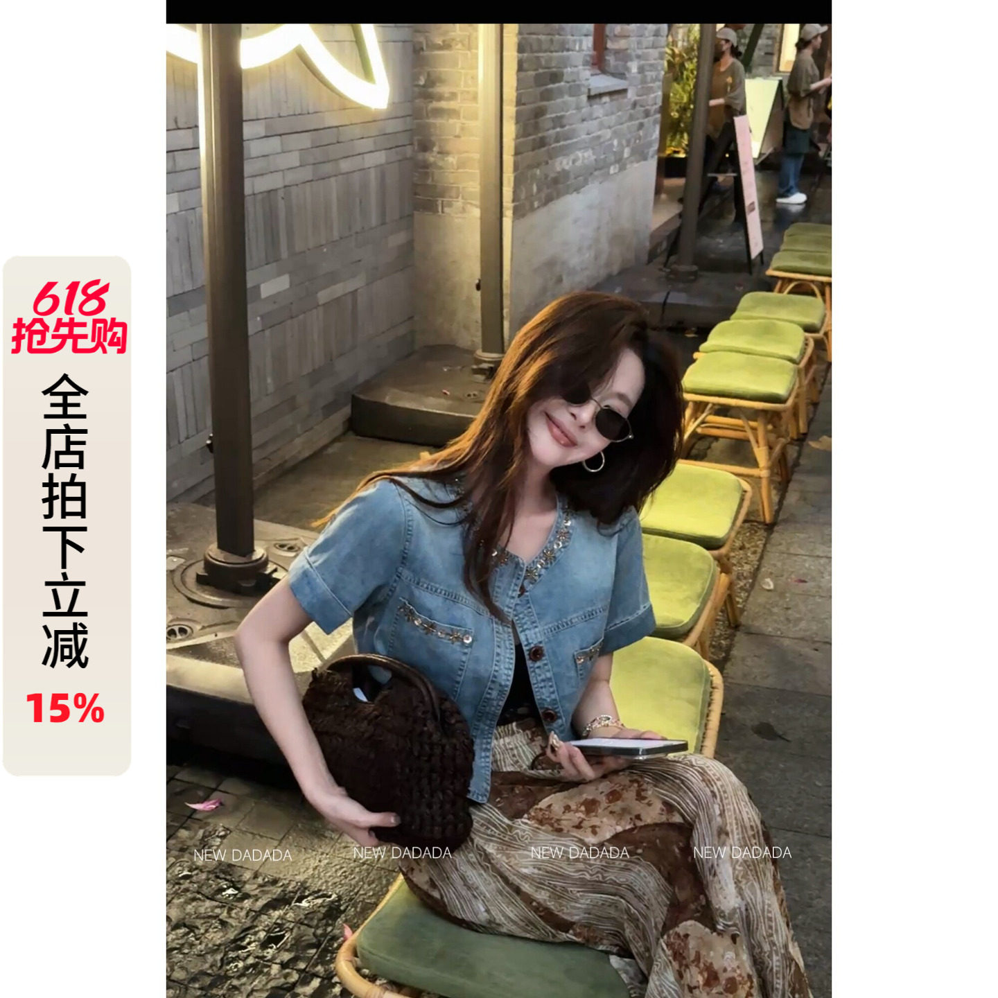 利达NEW DADADA【做旧牛仔短开衫】重工镶钻牛仔外套女夏短袖上衣