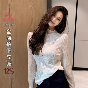 复古腰果花白色T恤女长袖 利达 烛光谐趣 DADADA 套头上衣 NEW