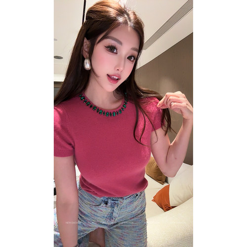 利达 NEW DADADA 【祖母绿毛毛T】树莓粉针织衫上衣女修身短袖T恤