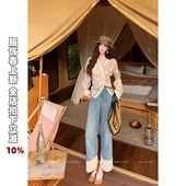 NEW 直筒牛仔裤 DADADA 独特超好看 蕾丝拼接浅蓝牛仔裤 利达