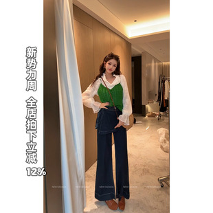 NEW 女高腰阔腿裤 DADADA 复古做旧牛仔裤 牛仔绑带屁连裤 利达