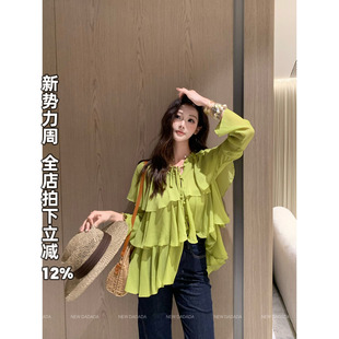 抹茶千层纱 DADADA 法式 荷叶边衬衫 薄上衣 利达 女防晒罩衫 NEW