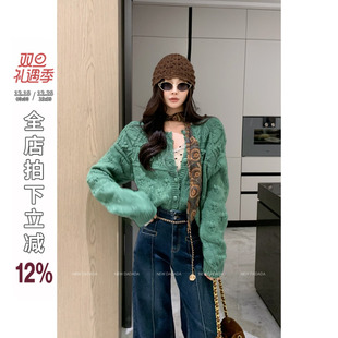 老钱风复古绿色毛衣女开衫 利达 迷途知返 DADADA 针织上衣 NEW