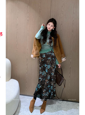 利达 NEW DADADA【墨绿花花裙】气质休闲设计感显瘦半身裙JEZ4122