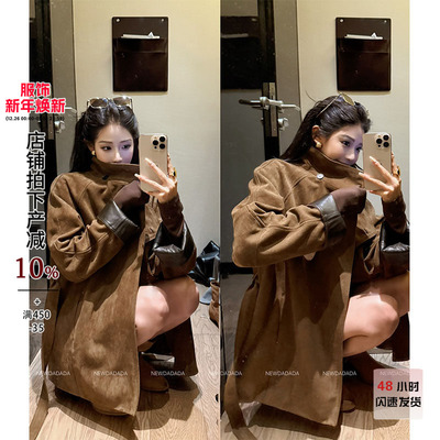 卡其绑带长袖中长款羊绒外套女