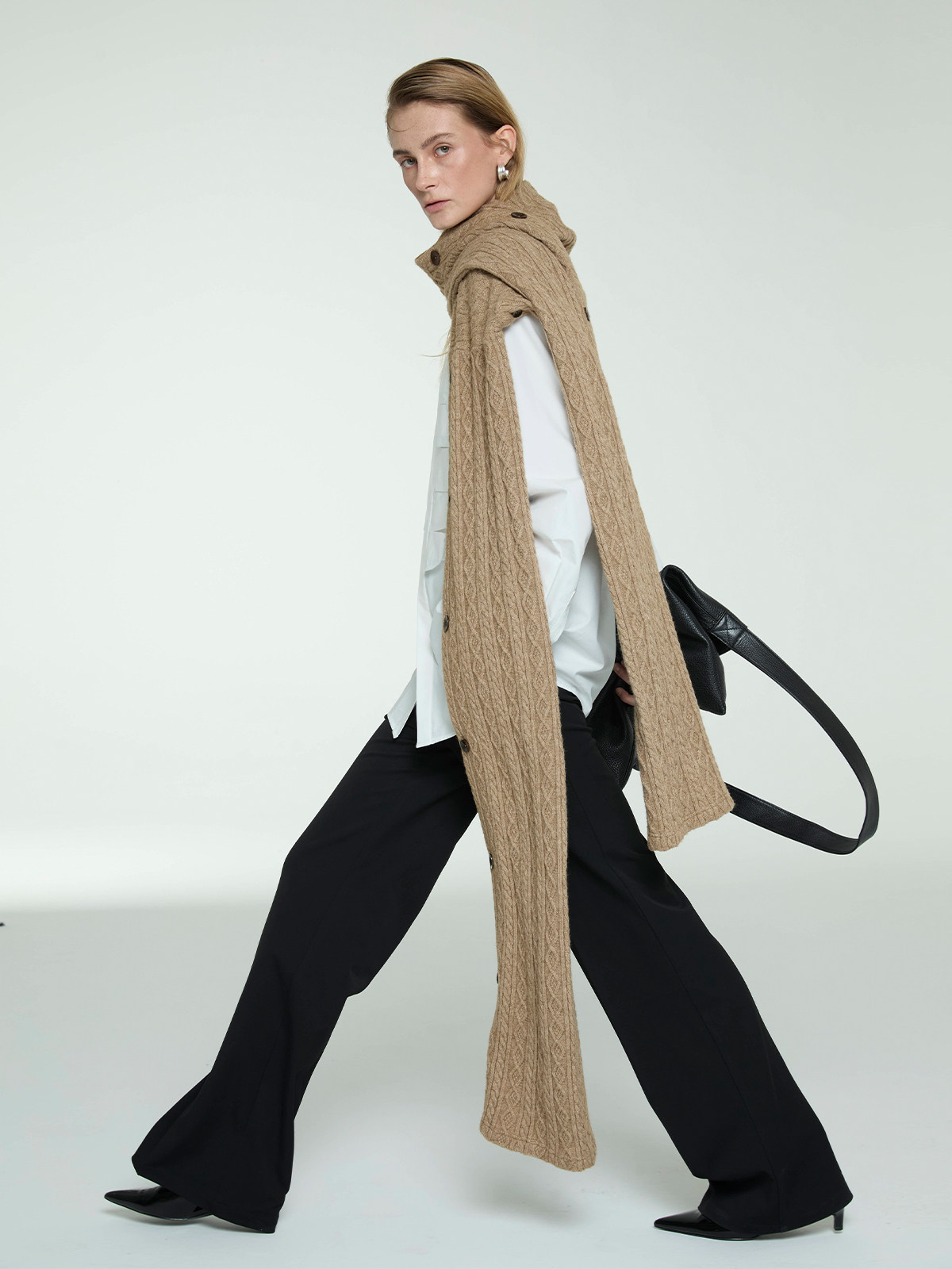 Knitted Button Shawl Scarf: Dual-Use Khaki Designer Wrap - Product image 2