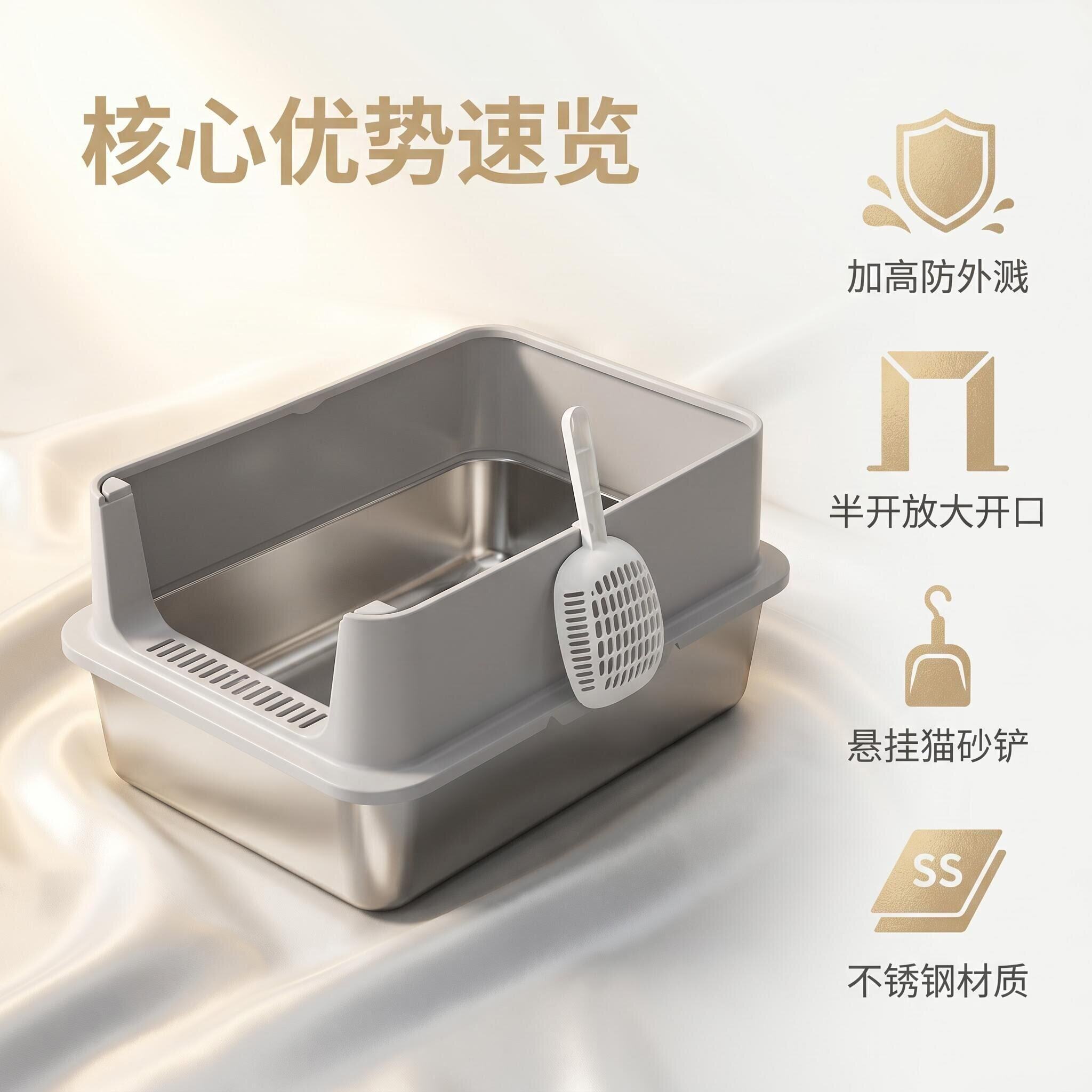 不锈钢半开放猫砂盆高边