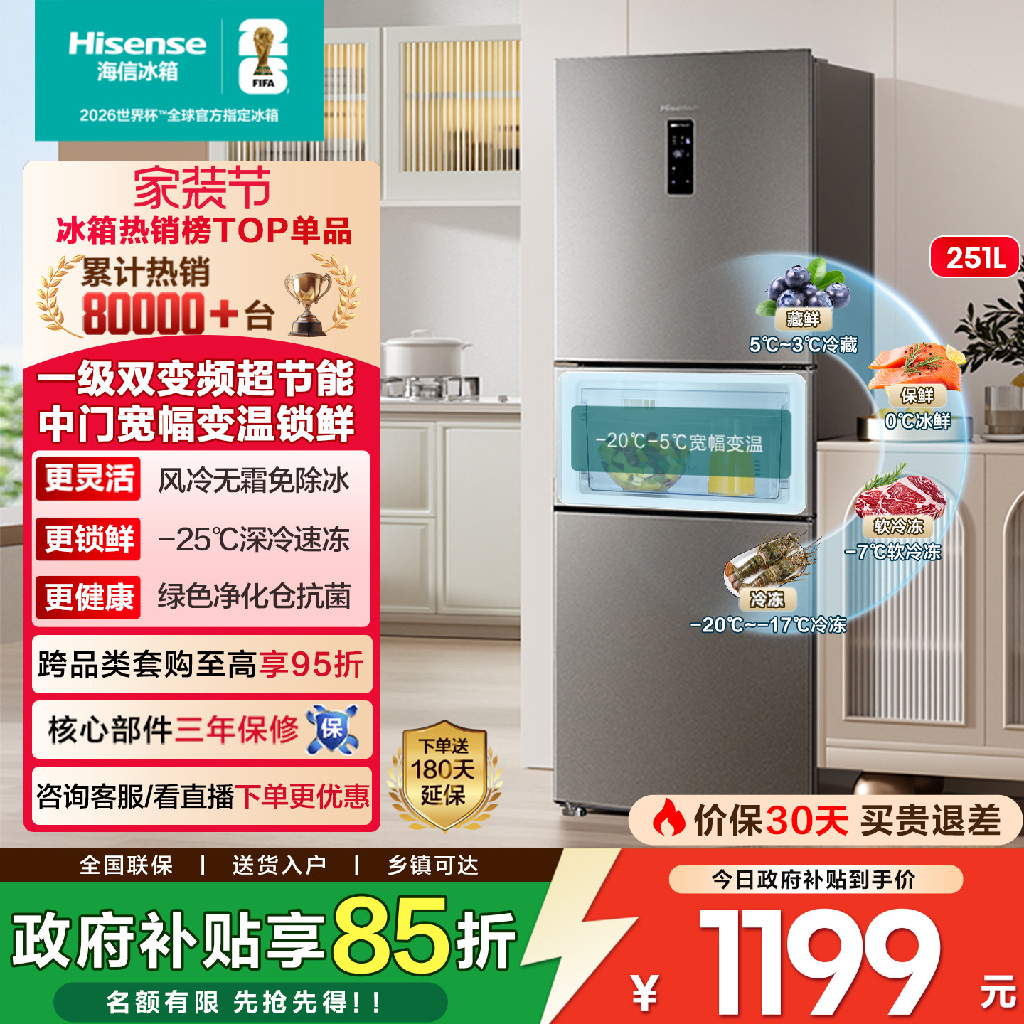 海信251L三开门电冰箱家用小户型一级能效无霜出租房以旧换新补贴