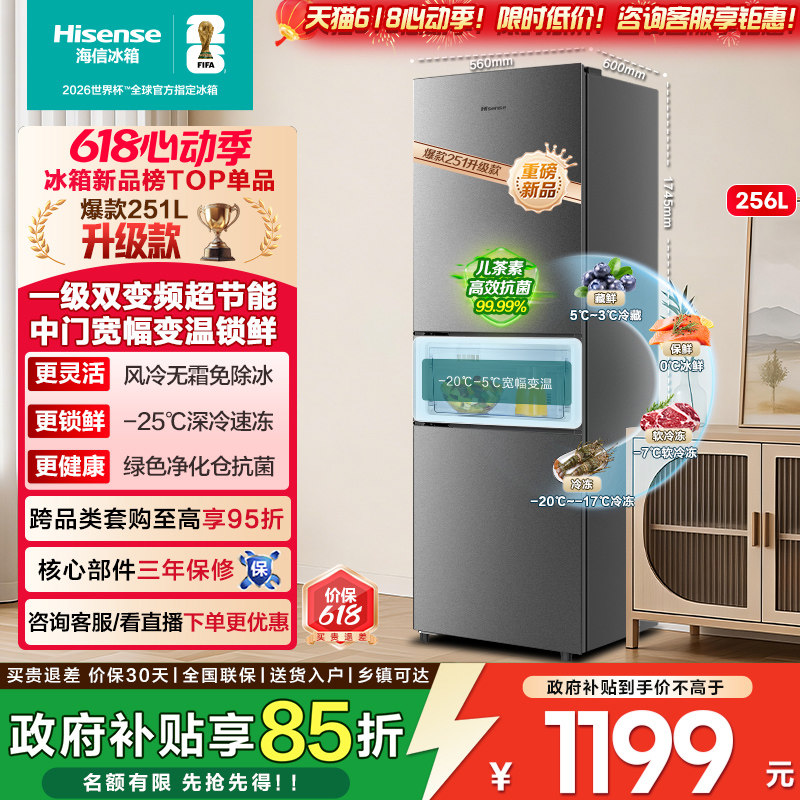 海信251/256L三开门电冰箱家用小户型一级能效无霜出租房以旧